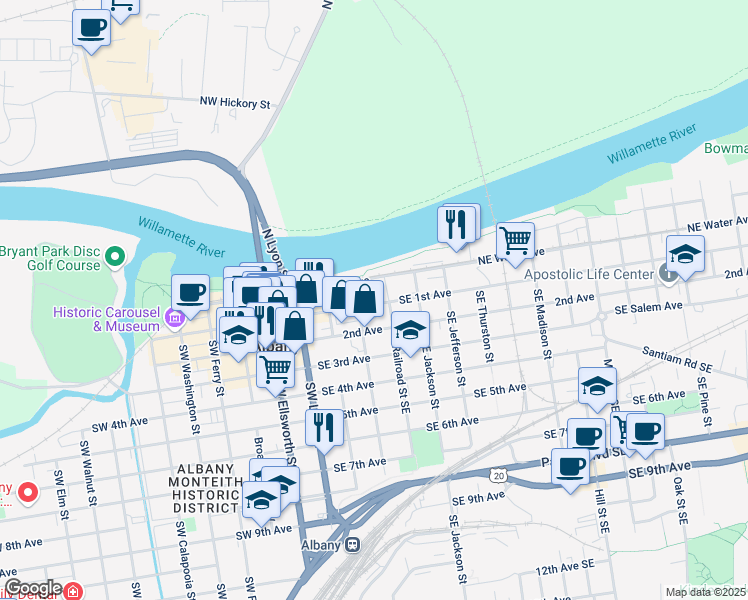 map of restaurants, bars, coffee shops, grocery stores, and more near 333 Southeast 1st Avenue in Albany