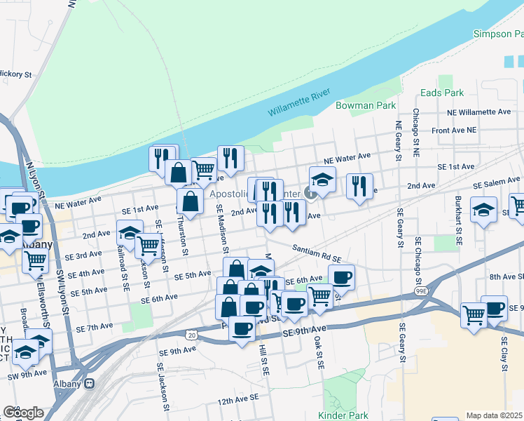 map of restaurants, bars, coffee shops, grocery stores, and more near 214 Main Street Southeast in Albany