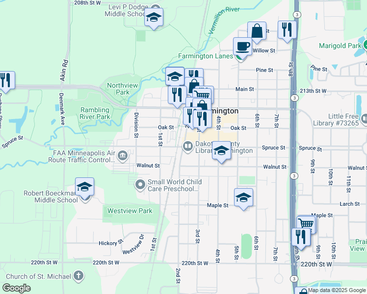 map of restaurants, bars, coffee shops, grocery stores, and more near 400 2nd Street in Farmington