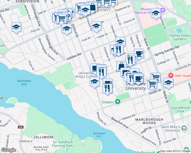 map of restaurants, bars, coffee shops, grocery stores, and more near 6389 Coburg Road in Halifax