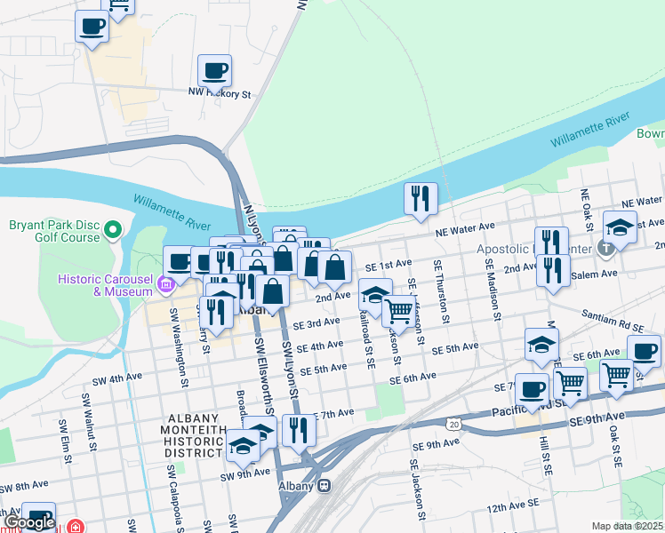 map of restaurants, bars, coffee shops, grocery stores, and more near 352 Northeast Water Avenue in Albany
