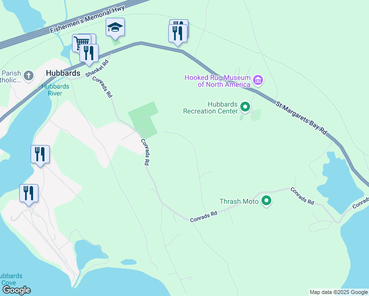 map of restaurants, bars, coffee shops, grocery stores, and more near 104 Baden Road in Hubbards