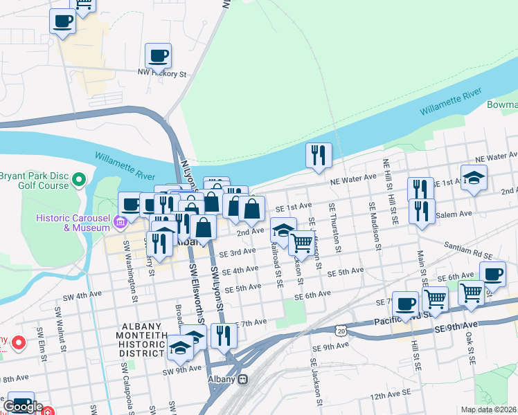 map of restaurants, bars, coffee shops, grocery stores, and more near 352 Northeast Water Avenue in Albany