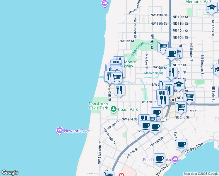 map of restaurants, bars, coffee shops, grocery stores, and more near 219 Northwest Cliff Street in Newport
