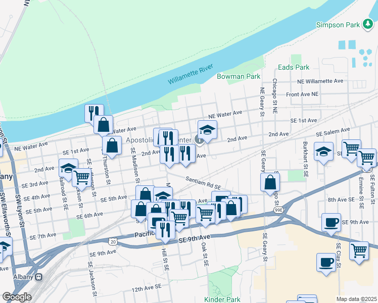 map of restaurants, bars, coffee shops, grocery stores, and more near 160 Oak Street Southeast in Albany