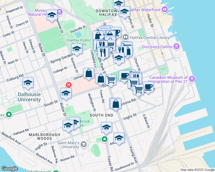 map of restaurants, bars, coffee shops, grocery stores, and more near in Halifax
