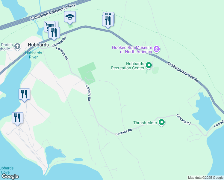 map of restaurants, bars, coffee shops, grocery stores, and more near 104 Baden Road in Hubbards