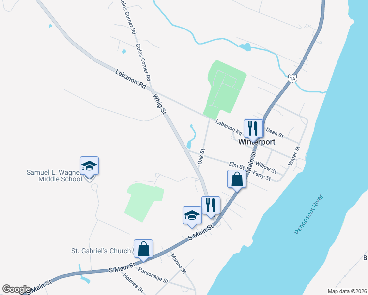 map of restaurants, bars, coffee shops, grocery stores, and more near 4 Whig Street in Winterport