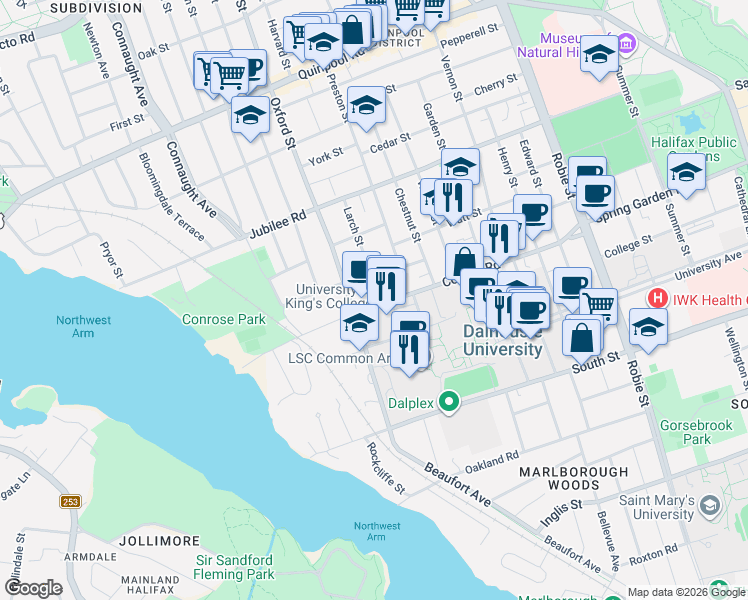 map of restaurants, bars, coffee shops, grocery stores, and more near 1525 Larch Street in Halifax
