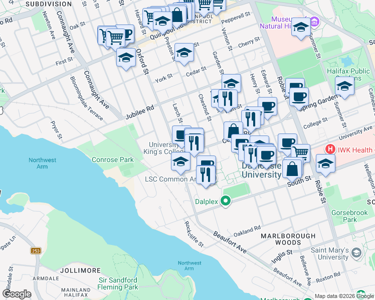 map of restaurants, bars, coffee shops, grocery stores, and more near 1525 Larch Street in Halifax