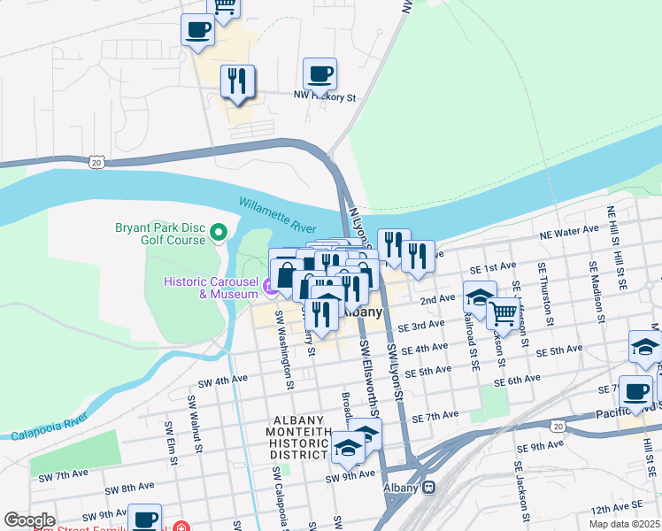 map of restaurants, bars, coffee shops, grocery stores, and more near 213 Northwest Water Avenue in Albany