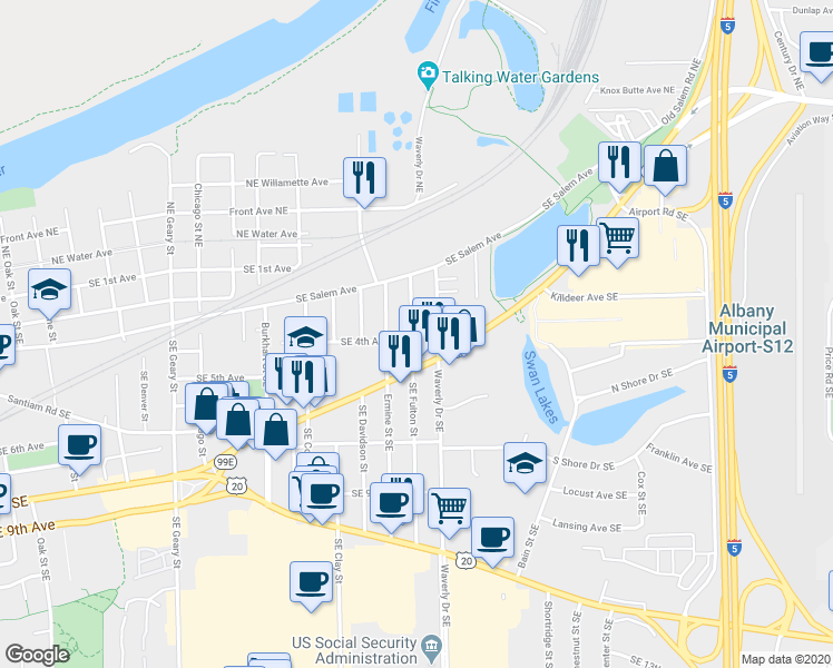 map of restaurants, bars, coffee shops, grocery stores, and more near 240 Southeast Waverly Drive in Albany