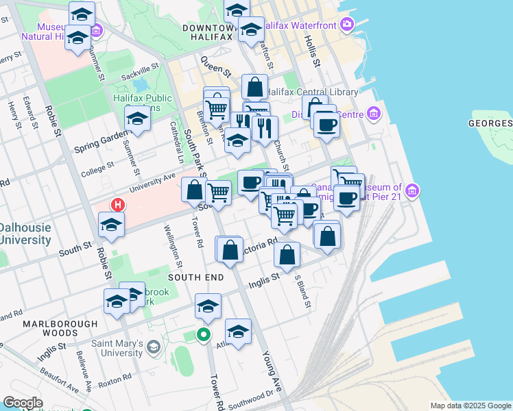 map of restaurants, bars, coffee shops, grocery stores, and more near 1186 Queen Street in Halifax