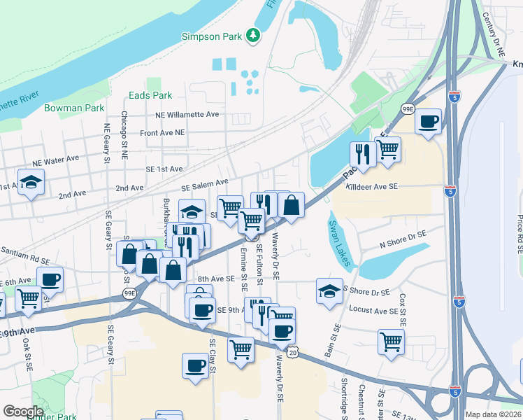 map of restaurants, bars, coffee shops, grocery stores, and more near 2601 Southeast 4th Avenue in Albany