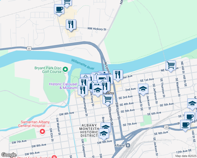 map of restaurants, bars, coffee shops, grocery stores, and more near 213 Northwest Water Avenue in Albany