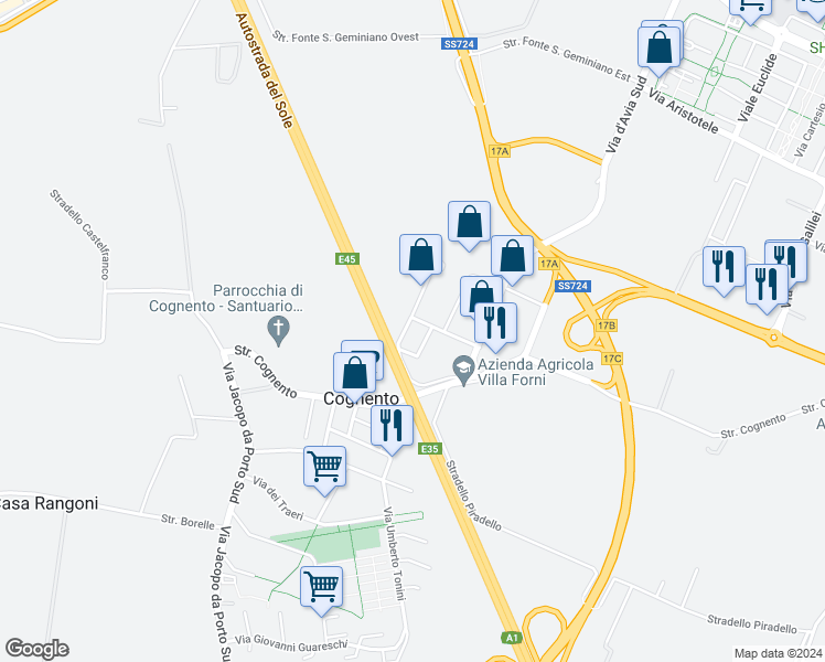 map of restaurants, bars, coffee shops, grocery stores, and more near 183 Via Vittorio Bottego in Modena