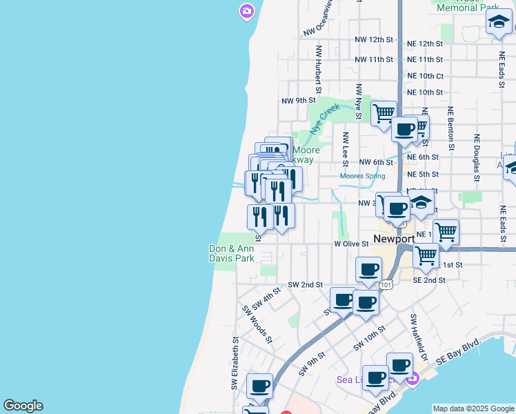 map of restaurants, bars, coffee shops, grocery stores, and more near 267 Northwest Cliff Street in Newport