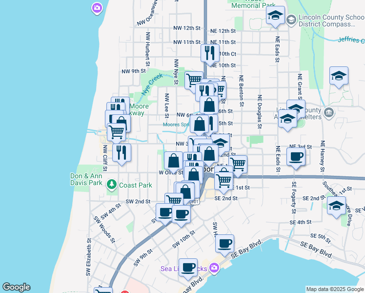 map of restaurants, bars, coffee shops, grocery stores, and more near 151 Northwest 3rd Street in Newport