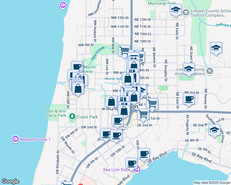 map of restaurants, bars, coffee shops, grocery stores, and more near 320 Northwest 3rd Street in Newport