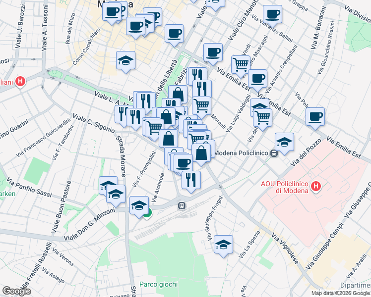 map of restaurants, bars, coffee shops, grocery stores, and more near 65 Via Vignolese in Modena