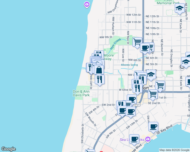 map of restaurants, bars, coffee shops, grocery stores, and more near 727 Northwest 3rd Street in Newport