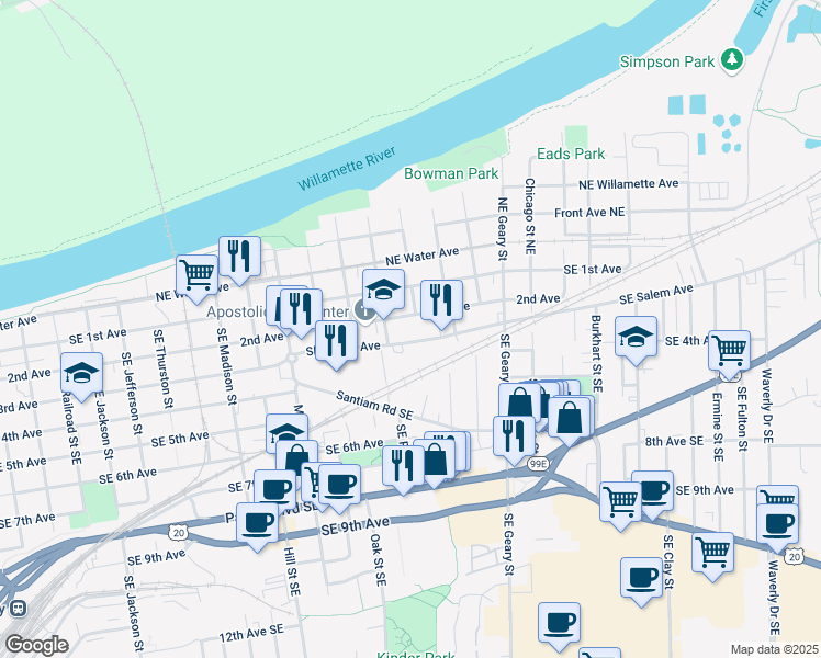 map of restaurants, bars, coffee shops, grocery stores, and more near 1415 Southeast Salem Avenue in Albany