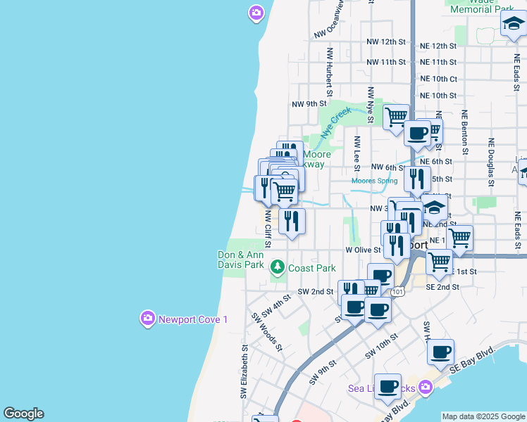 map of restaurants, bars, coffee shops, grocery stores, and more near 267 Northwest Cliff Street in Newport