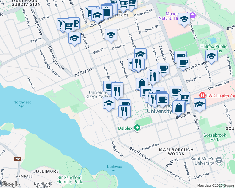 map of restaurants, bars, coffee shops, grocery stores, and more near 6345 Coburg Road in Halifax