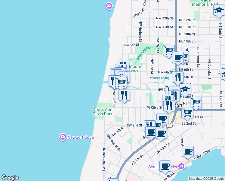 map of restaurants, bars, coffee shops, grocery stores, and more near 267 Northwest Cliff Street in Newport