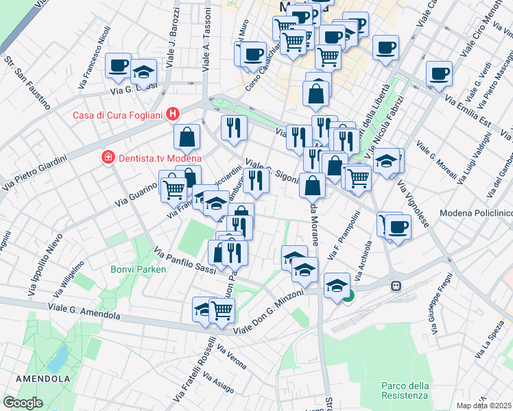 map of restaurants, bars, coffee shops, grocery stores, and more near 69 Viale Buon Pastore in Modena