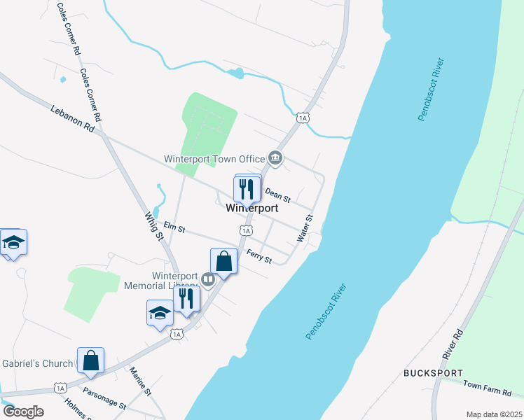 map of restaurants, bars, coffee shops, grocery stores, and more near 52 Commercial Street in Winterport