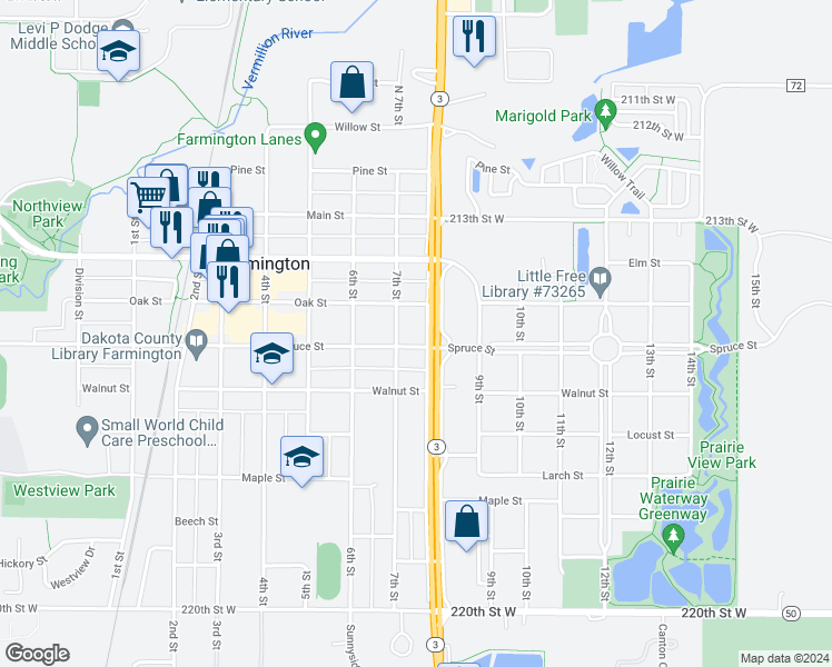 map of restaurants, bars, coffee shops, grocery stores, and more near 705 Spruce Street in Farmington