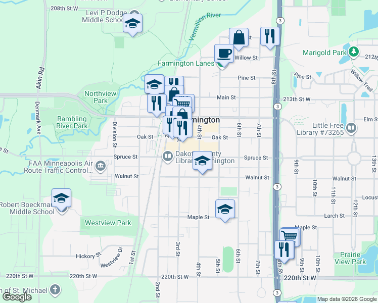 map of restaurants, bars, coffee shops, grocery stores, and more near 315 Spruce Street in Farmington