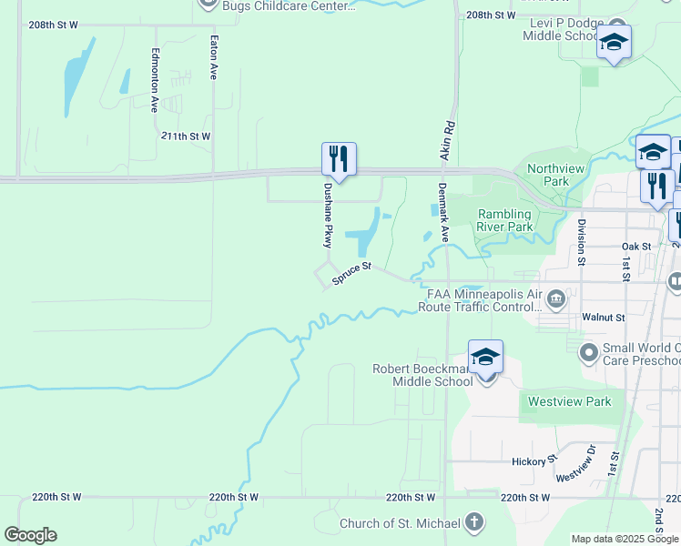 map of restaurants, bars, coffee shops, grocery stores, and more near 21400 Dushane Parkway in Farmington