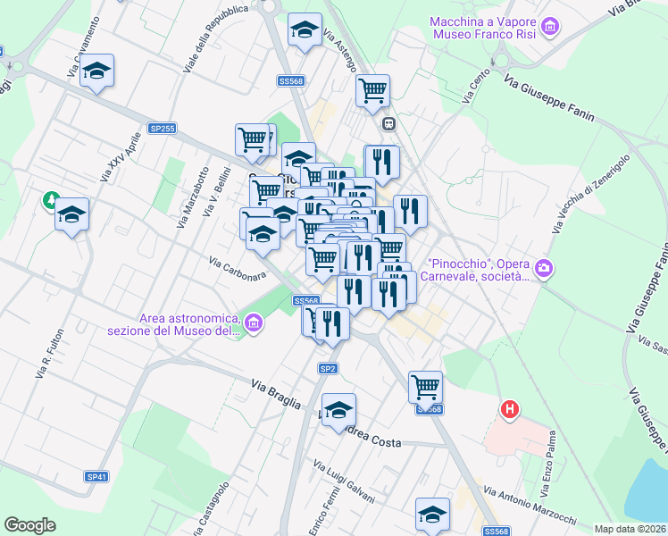 map of restaurants, bars, coffee shops, grocery stores, and more near 86 Corso Italia in San Giovanni in Persiceto