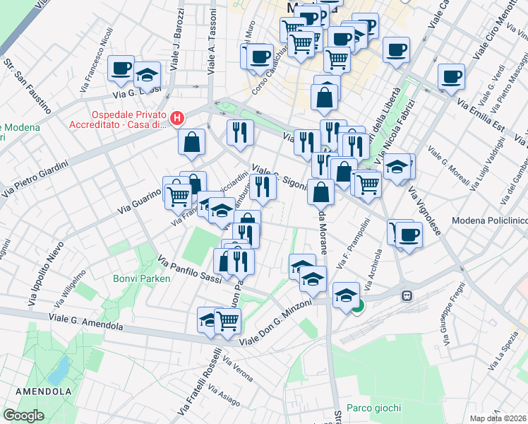 map of restaurants, bars, coffee shops, grocery stores, and more near 69 Viale Buon Pastore in Modena
