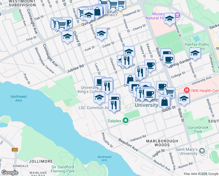 map of restaurants, bars, coffee shops, grocery stores, and more near 1510 Lilac Street in Halifax