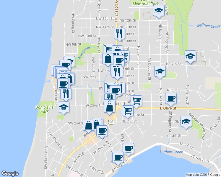 map of restaurants, bars, coffee shops, grocery stores, and more near 151 Northwest 3rd Street in Newport