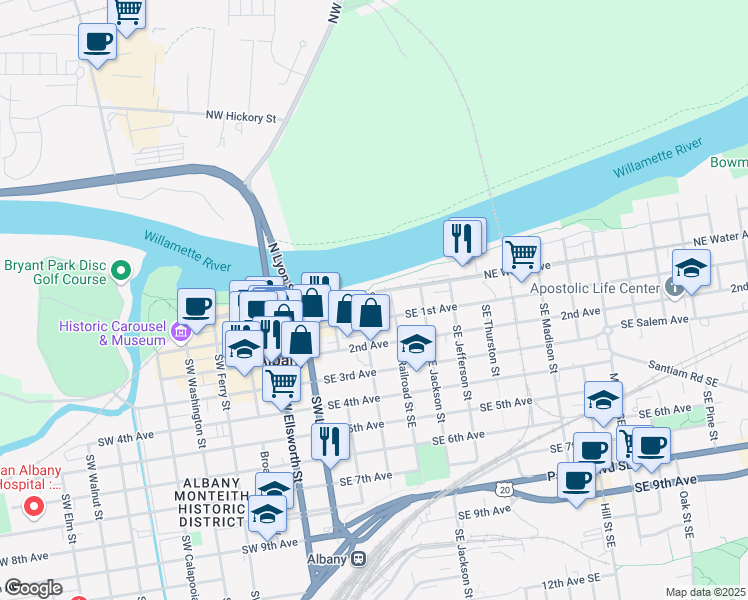 map of restaurants, bars, coffee shops, grocery stores, and more near 352 Northeast Water Avenue in Albany