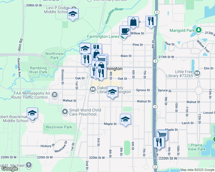 map of restaurants, bars, coffee shops, grocery stores, and more near 315 Spruce Street in Farmington