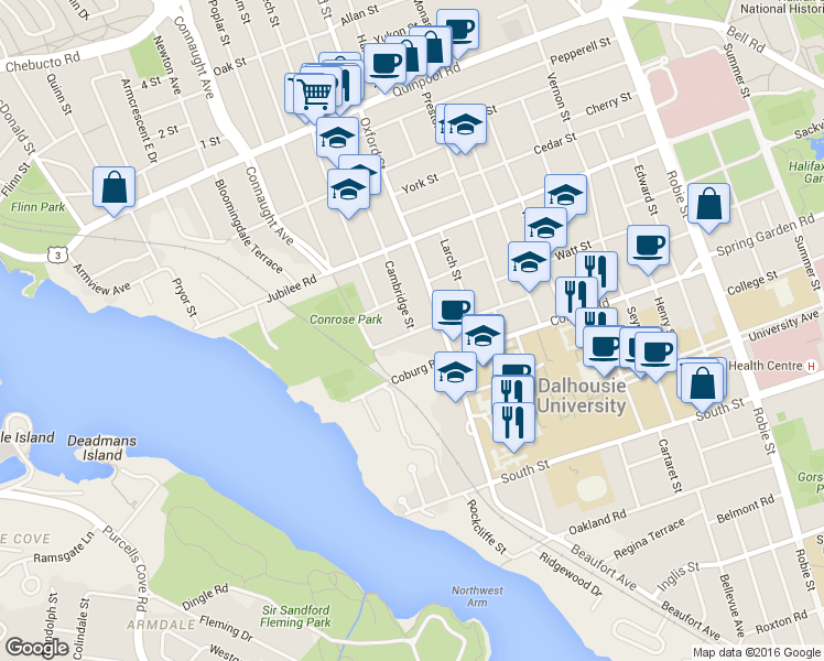 map of restaurants, bars, coffee shops, grocery stores, and more near 1588 Cambridge St in Halifax