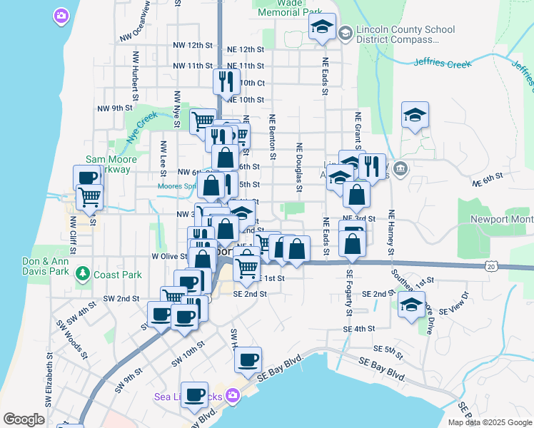 map of restaurants, bars, coffee shops, grocery stores, and more near 317 Northeast Benton Street in Newport