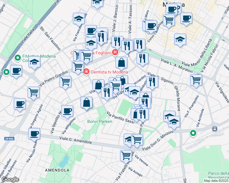 map of restaurants, bars, coffee shops, grocery stores, and more near 20 Via Adolfo Venturi in Modena