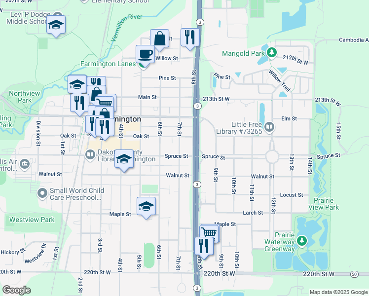 map of restaurants, bars, coffee shops, grocery stores, and more near 705 Spruce Street in Farmington