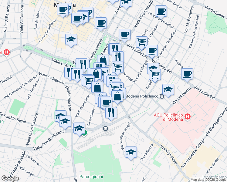 map of restaurants, bars, coffee shops, grocery stores, and more near 65 Via Vignolese in Modena