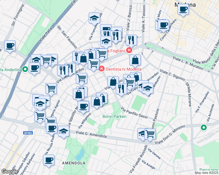 map of restaurants, bars, coffee shops, grocery stores, and more near 189b Via Guarino Guarini in Modena