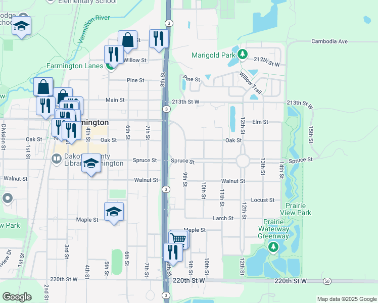 map of restaurants, bars, coffee shops, grocery stores, and more near 409 9th Street in Farmington