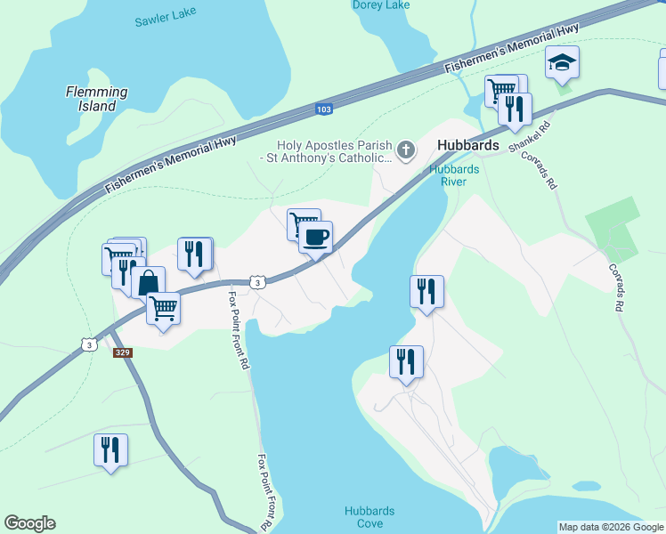 map of restaurants, bars, coffee shops, grocery stores, and more near 2 Yacht Club Road in Hubbards
