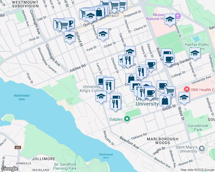map of restaurants, bars, coffee shops, grocery stores, and more near 1525 Larch Street in Halifax