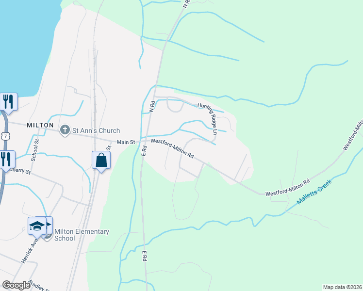map of restaurants, bars, coffee shops, grocery stores, and more near 119 Hunting Ridge Lane in Chittenden County